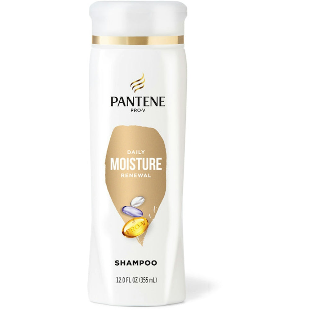 Pantene Daily Moisture Renewal Shampoo in 12 fl oz bottle, moisturizing hair care product with 72-hour hydration displayed.