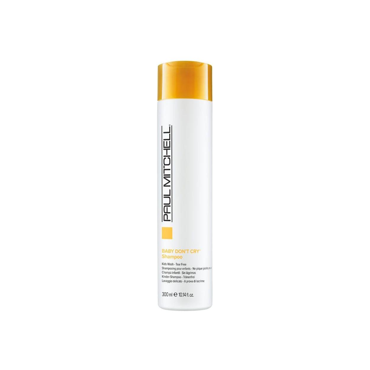 Paul Mitchell Baby Don't Cry shampoo in 10 oz bottle, gentle formula for babies, displayed with product label and packaging.