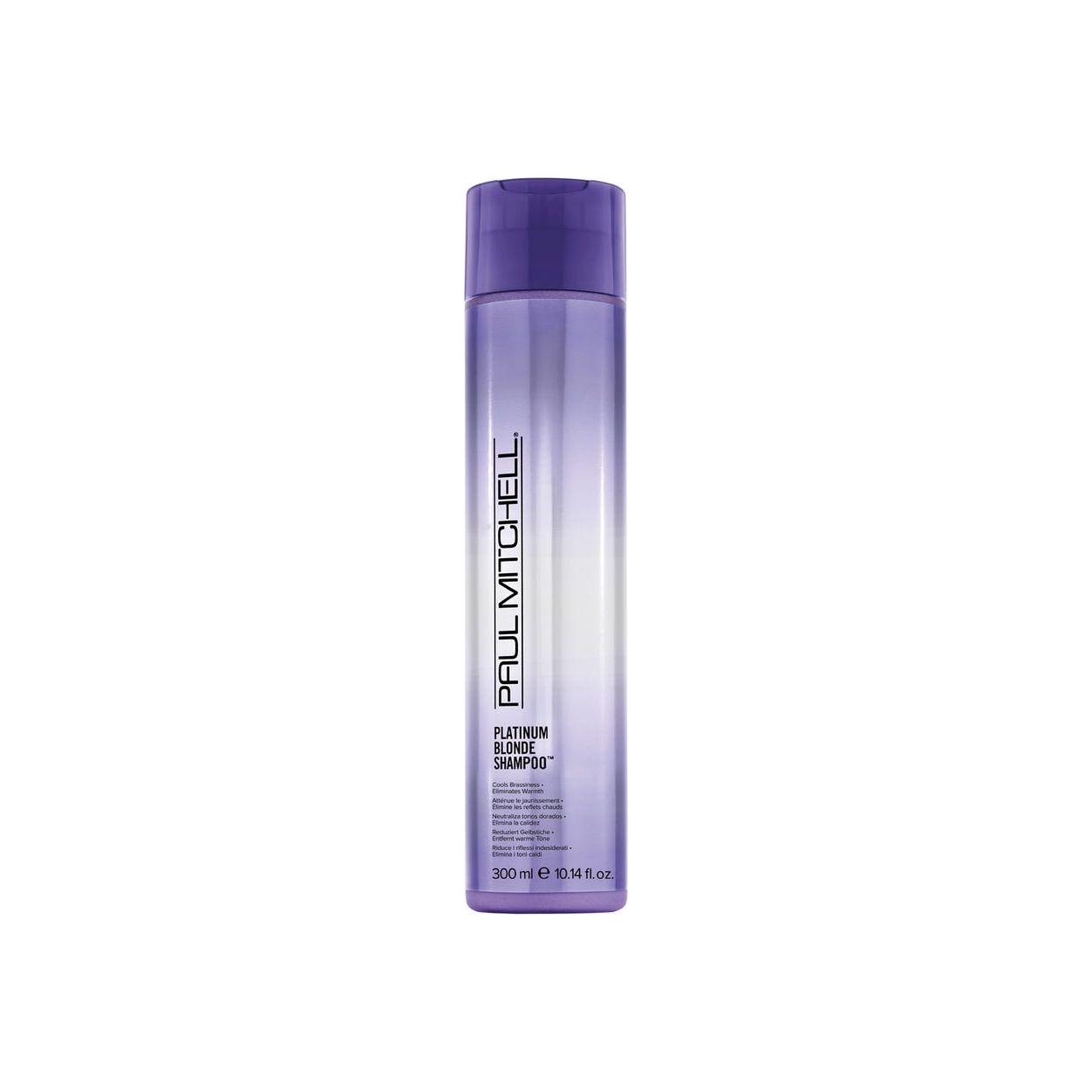 Paul Mitchell Platinum Blonde Shampoo bottle shown, 10.14 fl oz, featuring sleek packaging and platinum blonde branding.