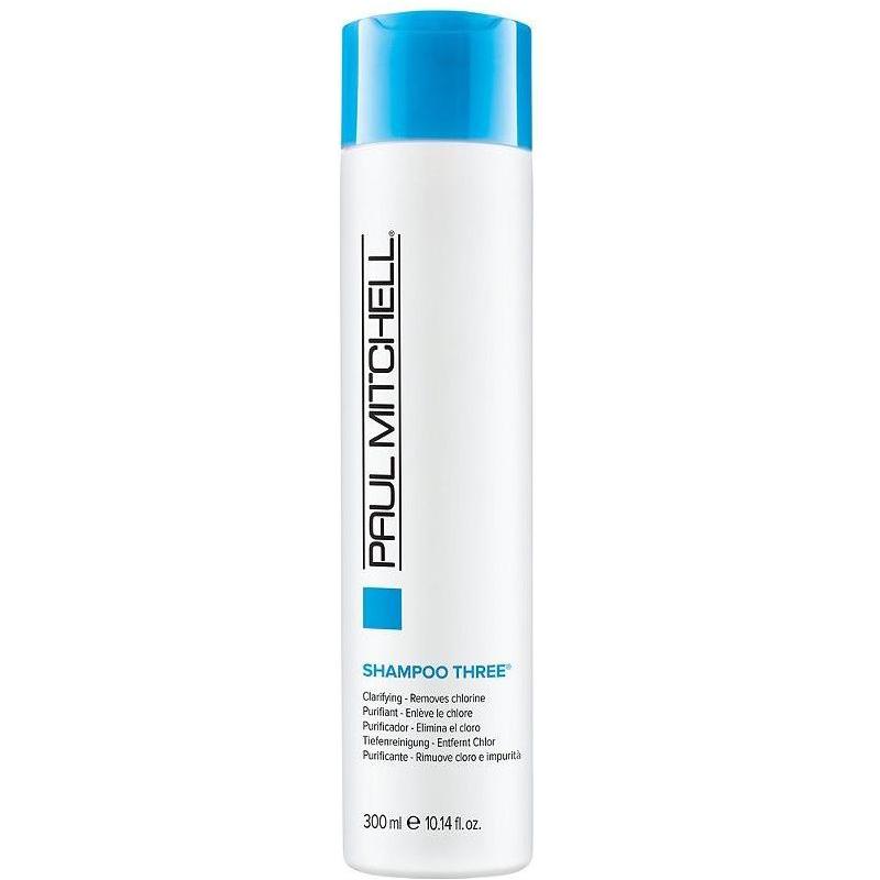 Paul Mitchell Shampoo Three 300ml bottle, clear shampoo with green label, designed for scalp and hair cleansing.