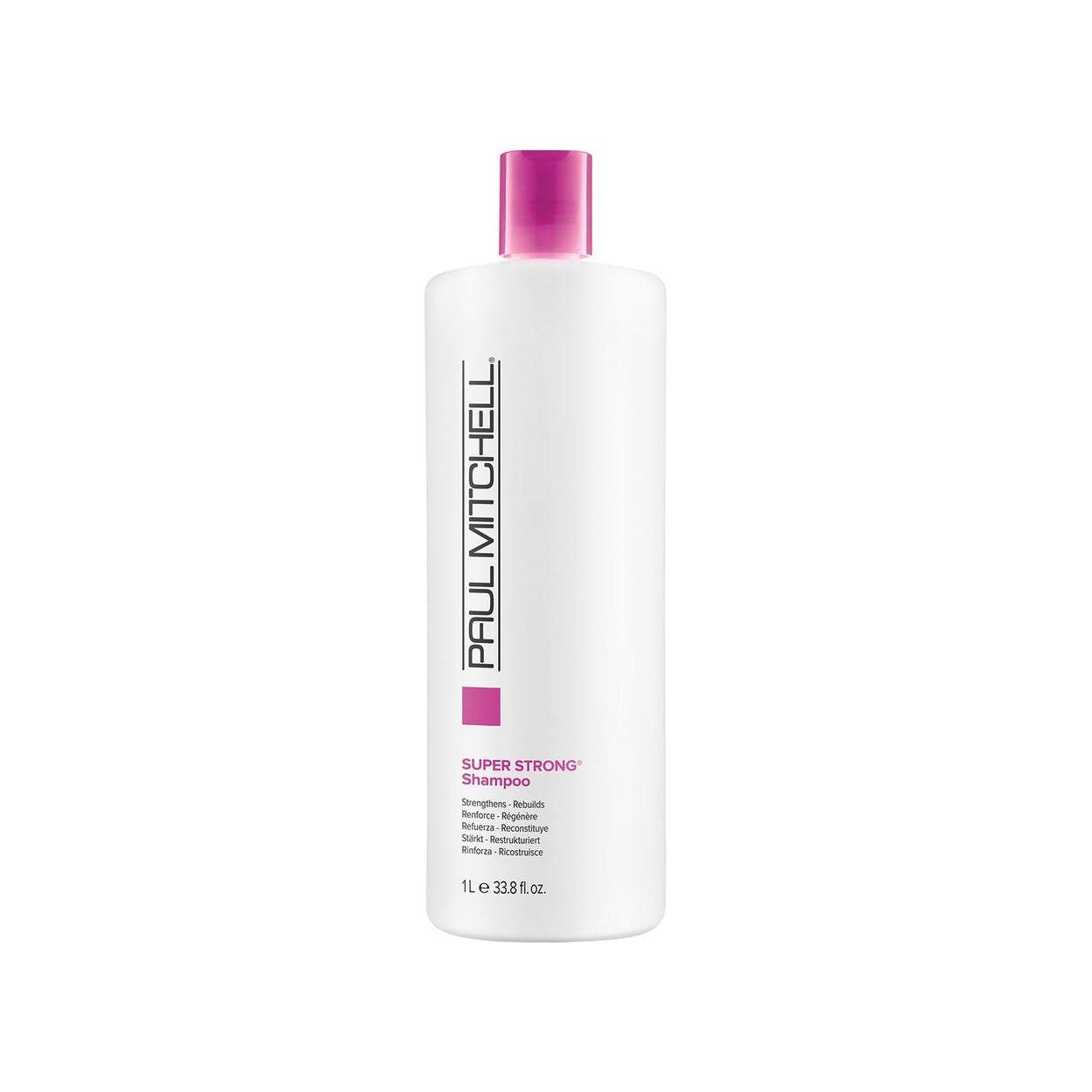 Paul Mitchell Super Strong Daily Shampoo in a 33.8 fl oz bottle with clear liquid, designed to strengthen hair.