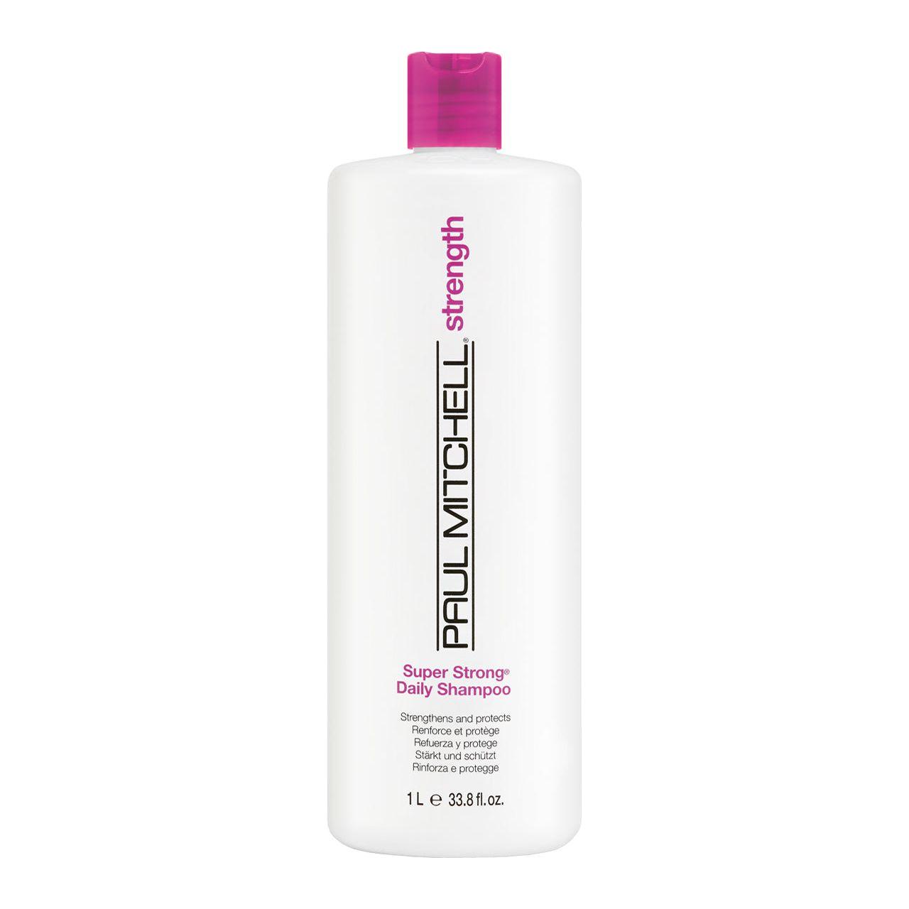 Paul Mitchell Super Strong Shampoo in 33.8 oz bottle, designed for strengthening and repairing damaged hair.