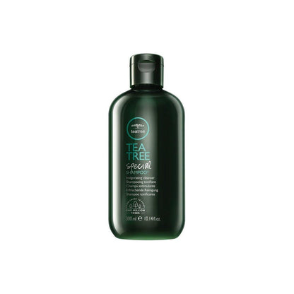 Paul Mitchell Tea Tree Special Shampoo bottle with invigorating cleanser and 10.14 oz size, featuring a green and white label.