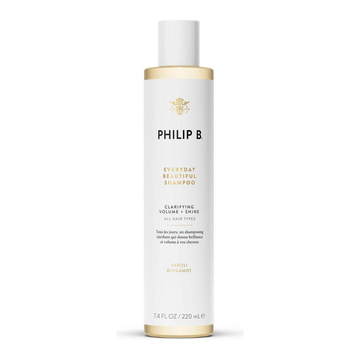 Philip B. Everyday Beautiful Shampoo in 7.4 oz bottle, with clear label, shown in a natural, clean setting.