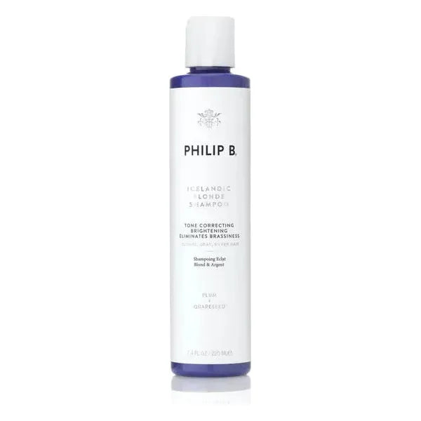 Philip B. Icelandic Blonde Shampoo bottle, 7.4 oz, with sleek design and label, ideal for blonde hair care.
