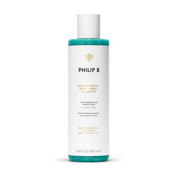 Philip B. Nordic Wood Hair Plus Body Purifying Shampoo in 11.8 fl oz bottle, featuring a clean, fresh scent and natural ingredients.