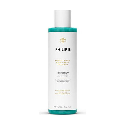 Philip B. Nordic Wood Hair Plus Body Purifying Shampoo in 11.8 fl oz bottle, featuring a clean, fresh scent and natural ingredients.