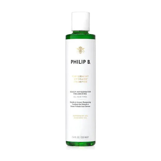 Philip B. Peppermint & Avocado Scalp Invigorator Volumizing Shampoo bottle, 7.4 oz, with fresh peppermint and avocado ingredients.
