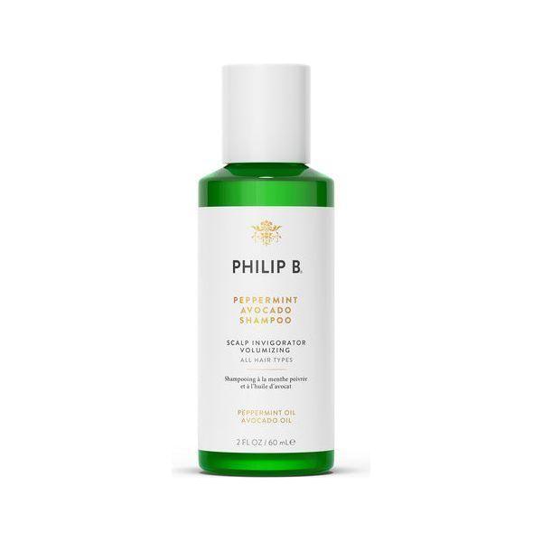 Philip B. Peppermint Avocado Shampoo in 2 oz bottle, natural hair care product from Pasteur Pharmacy with peppermint and avocado ingredients.