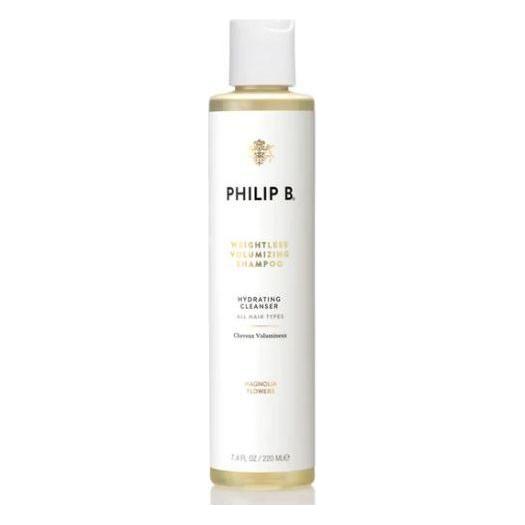 Philip B. Weightless Volumizing Shampoo in 7.4 oz bottle, highlighting the clear bottle and product label.