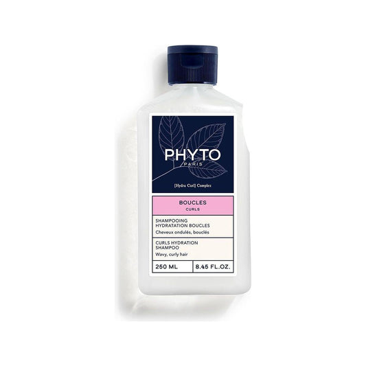 Hydrating Phyto Boucles Curls Shampoo by Pasteur Pharmacy in 8.45 oz bottle, designed for curly hair care.