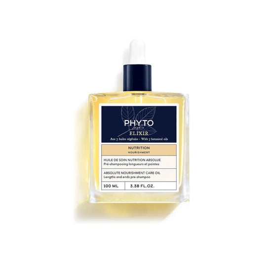 Pasteur Pharmacy Phyto Elixir Absolute Nourishment Care Oil Pre-Shampoo bottle, 3.38 oz, with golden oil and product label visible.