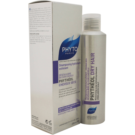 Pasteur Pharmacy Phyto Phytheol moisturizing scalp exfoliating shampoo for dry hair, 6.7 oz bottle, with textured shampoo lather.