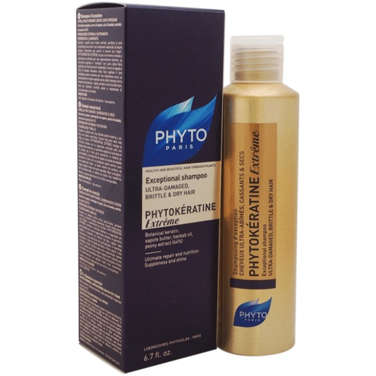 Phyto Phytokeratine Extreme Shampoo bottle, 6.7 oz, with white and gold packaging, showcasing the shampoo product.