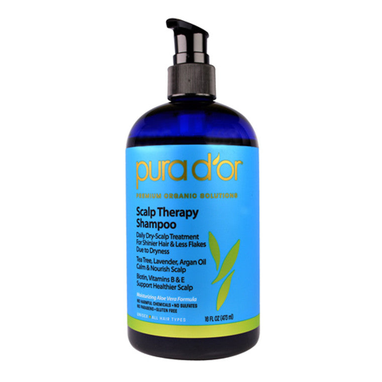 PURA D'OR Scalp Therapy Shampoo in 16oz bottle, natural hair care shampoo with soothing ingredients, designed for scalp health.