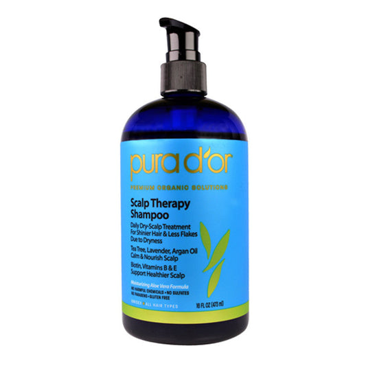 PURA D'OR Scalp Therapy Shampoo in 16oz bottle, natural hair care shampoo with soothing ingredients, designed for scalp health.