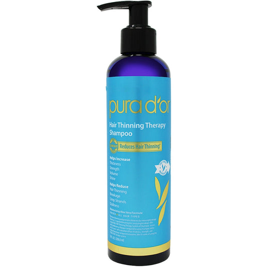 Pura D'or Therapy Shampoo for hair loss prevention, unisex 8 oz bottle, with natural ingredients, shown in a clear shampoo bottle.