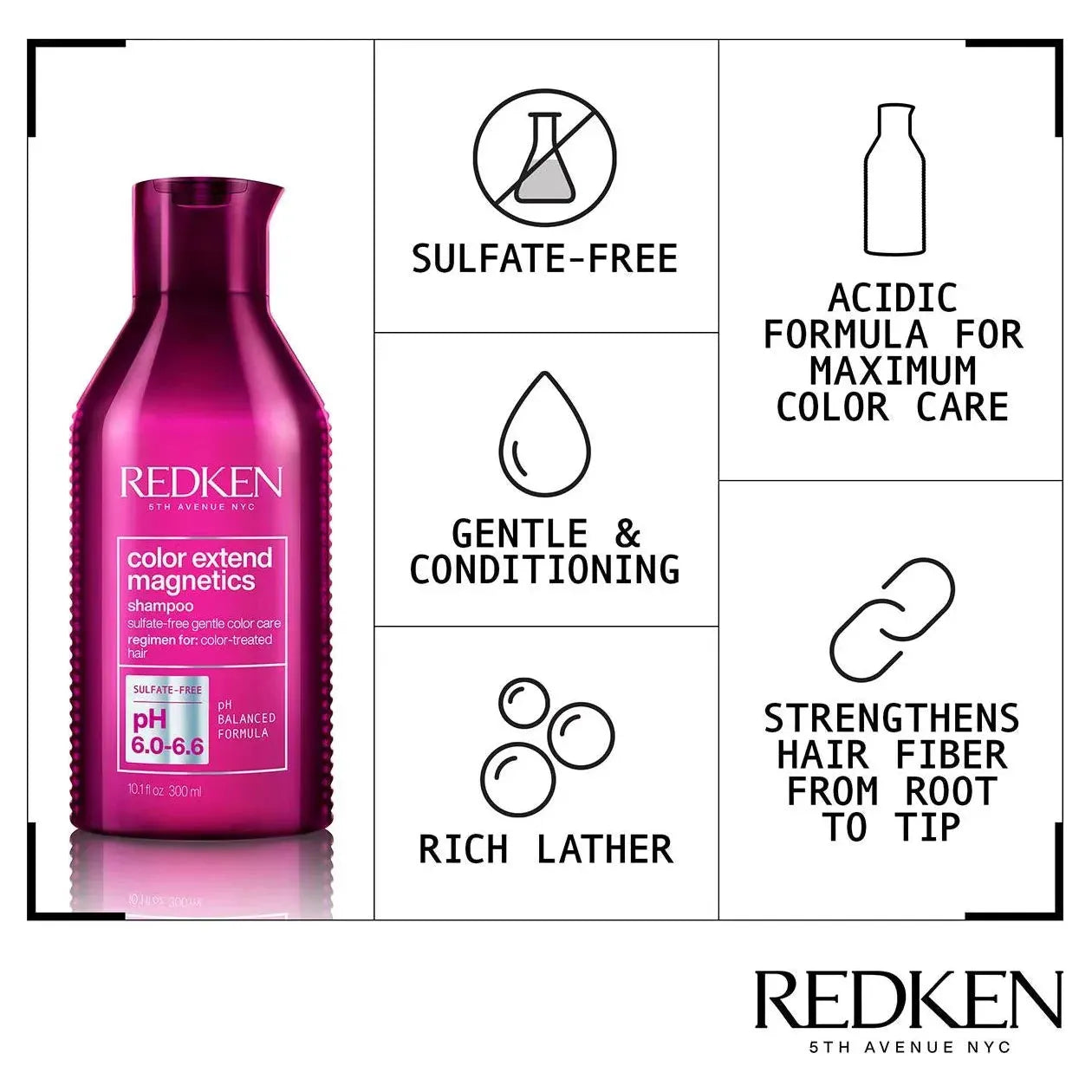 Redken Color Extend Magnetics Shampoo in 10.1 oz bottle, designed for color-treated hair, with a sleek red bottle and label.