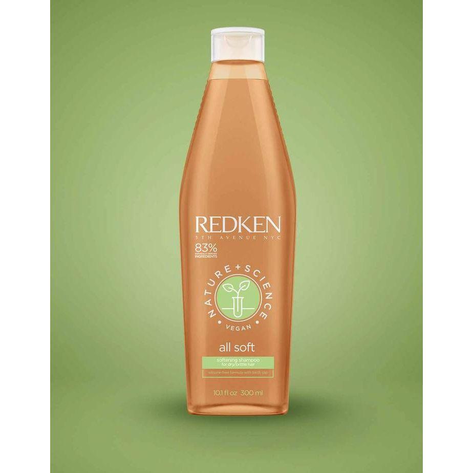 Redken Nature + Science All Soft Shampoo in 10.1 oz bottle, with a sleek green and white label, designed for nourishing hair.