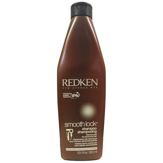 Redken Smooth Lock Shampoo Thermal Care bottle, 10.1 fl oz, with sleek packaging and label showing product details.