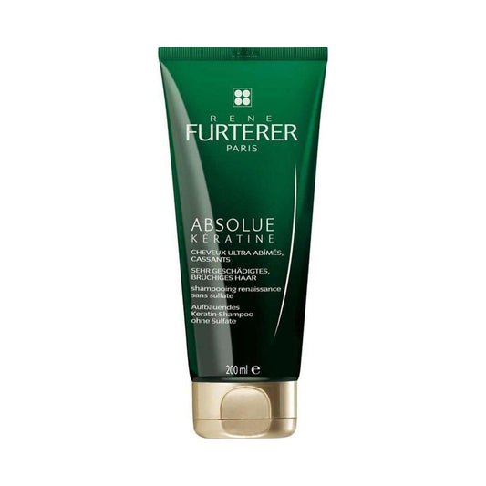 Rene Furterer Absolue Keratine nourishing sulfate-free renewal shampoo in 6.8 oz bottle, with creamy lather and healthy hair.