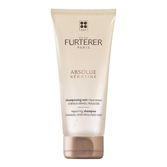 Rene Furterer Absolue Keratine repairing shampoo bottle, 200 ml, featuring sleek packaging with product label and cap.