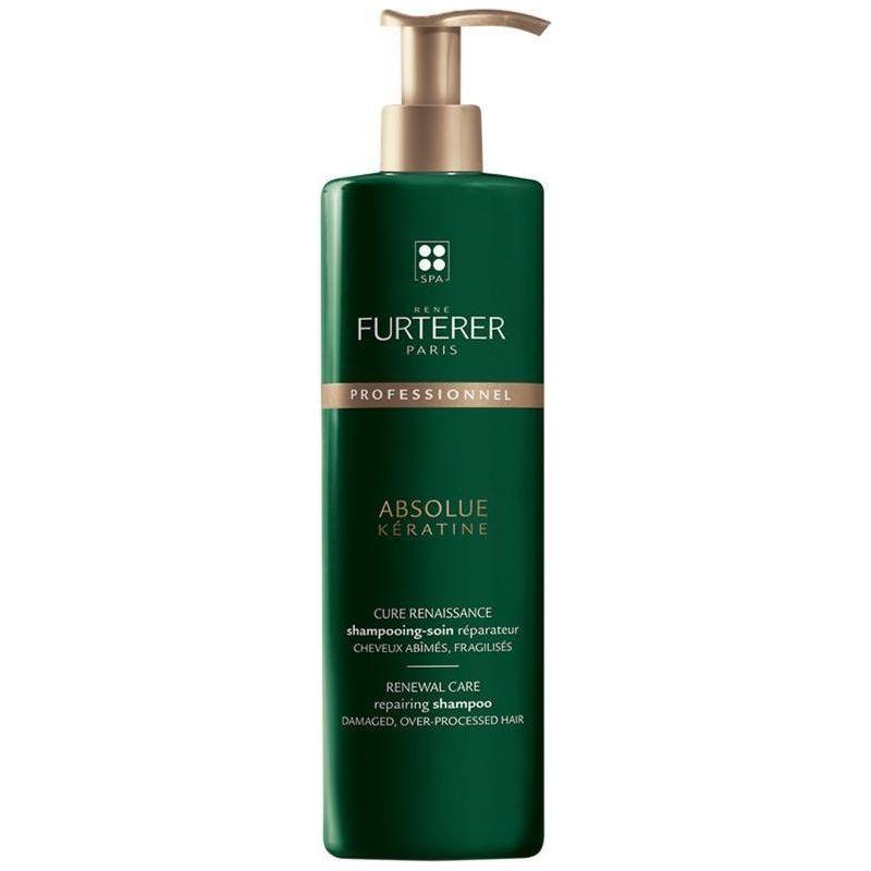 Rene Furterer Absolue Keratine repairing shampoo bottle, 600ml, with sleek packaging and product label visible.