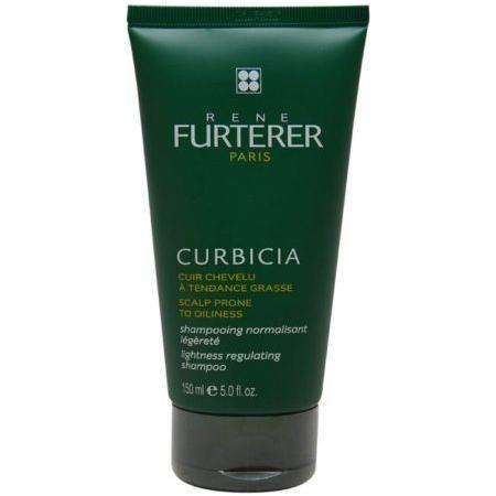 Rene Furterer Curbicia lightness regulating shampoo in 5.1 oz bottle, natural hair care product with green and white packaging.