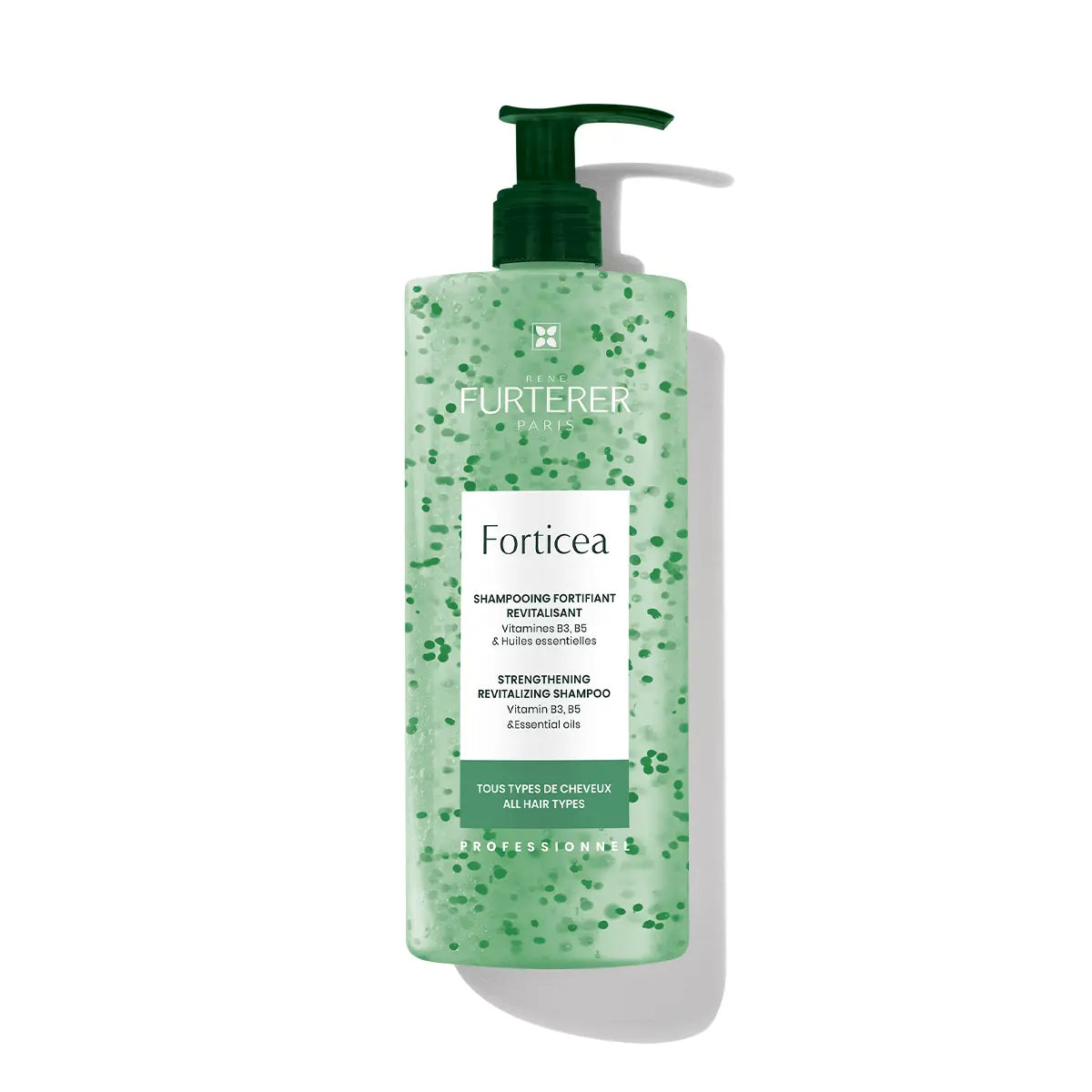 Rene Furterer Forticea strengthening revitalizing shampoo in a 500ml bottle, with a sleek green and white label.