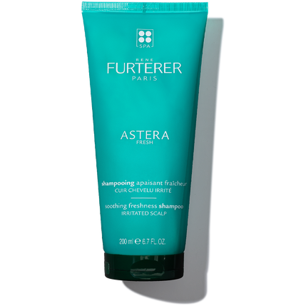 Rene Furterer Paris Astera Fresh Soothing Shampoo in a 6.7 oz bottle, featuring a clear bottle with a white cap and green accents.