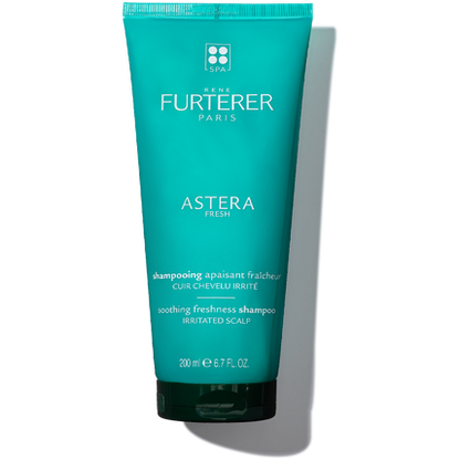 Rene Furterer Paris Astera Fresh Soothing Shampoo in a 6.7 oz bottle, featuring a clear bottle with a white cap and green accents.