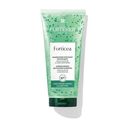 Rene Furterer Forticea strengthening revitalizing shampoo in 200ml bottle, designed to invigorate and strengthen hair.