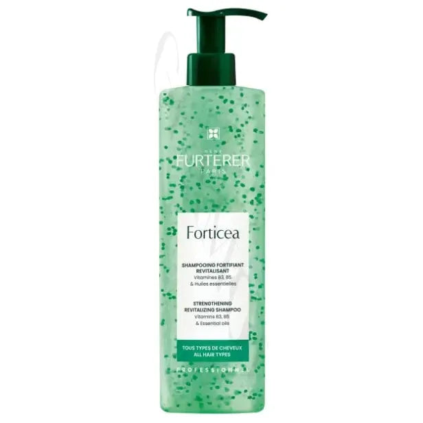 Rene Furterer Forticea strengthening revitalizing shampoo bottle, 600ml, with herbal ingredients for hair vitality.