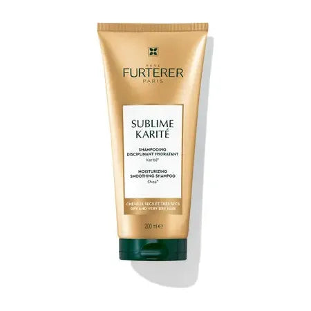 Rene Furterer Sublime Karite moisturizing smoothing shampoo bottle, 200 ml, with a sleek design and label visible.
