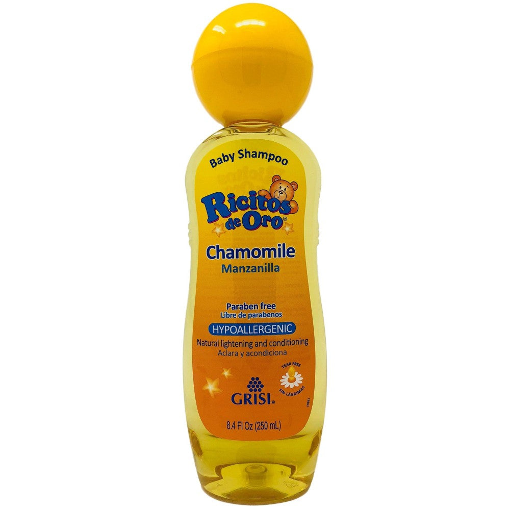 Ricitos de Oro Baby Shampoo with Chamomile in 8.4 fl oz bottle, gentle formula for baby's delicate hair and scalp.