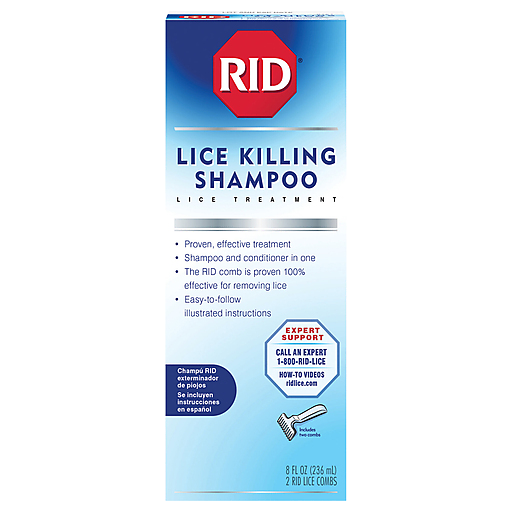 Pasteur Pharmacy Rid Lice Killing Shampoo bottle with nit comb, 8-ounce size, used for lice treatment and removal.