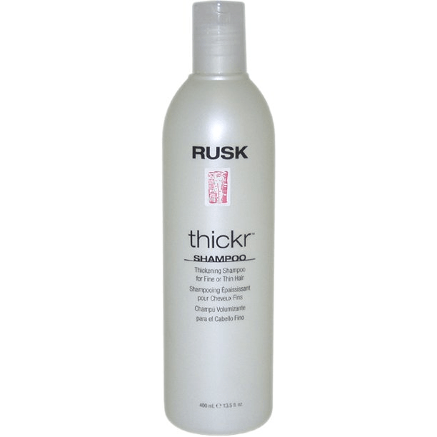 Rusk Thickr Thickening Shampoo bottle from Pasteur Pharmacy, 8.5 oz, with clear label and shampoo cap visible.