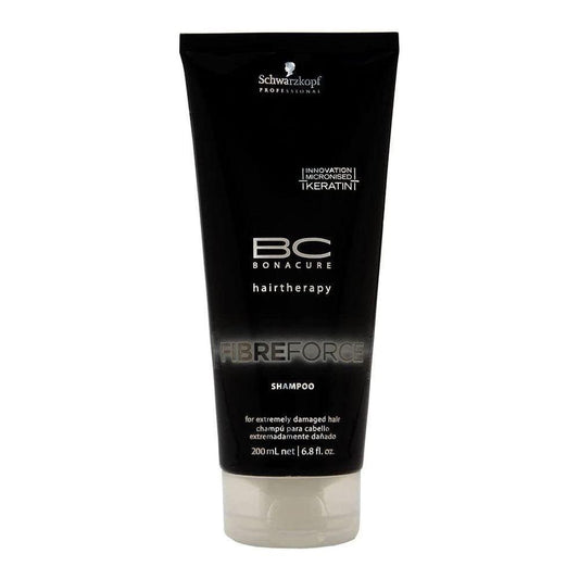 Schwarzkopf BC Bonacure Hairtherapy Fibreforce Shampoo in 6.8 oz bottle, designed to strengthen and repair damaged hair.