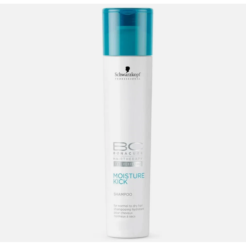 Schwarzkopf BC Bonacure Moisture Kick Shampoo in 8.5 oz bottle, hydrating hair care product with gentle cleansing formula.