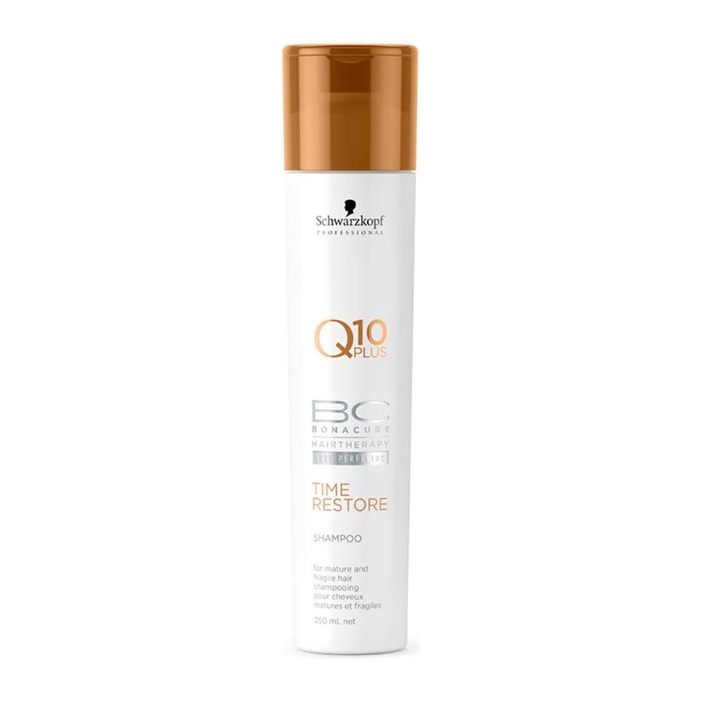 Schwarzkopf BC Bonacure Q10 Plus Time Restore Shampoo in 8.5oz bottle, nourishing hair repair shampoo from Pasteur Pharmacy