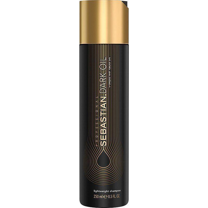 Sebastian Dark Oil lightweight shampoo bottle, 250ml, with sleek black packaging and product label, for smooth, shiny hair