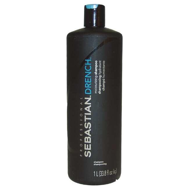 Sebastian Professional Drench Moisturizing Shampoo bottle, 33.8 fl oz, with label visible and clean hair strands in the background.