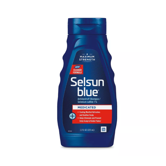 Selsun Blue maximum strength medicated dandruff shampoo in a 11 fl oz bottle, designed to help control dandruff and scalp irritation.