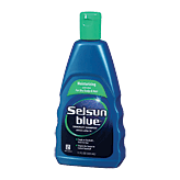 Selsun Blue Moisturizing Dandruff Shampoo bottle by Pasteur Pharmacy, 11 fl oz, with label and product packaging visible.