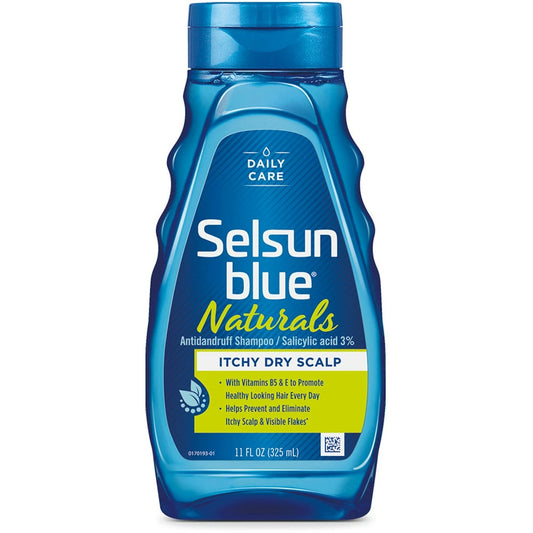 Selsun Blue Naturals dandruff shampoo bottle with label for itchy dry scalp, 11 fl oz, by Pasteur Pharmacy.