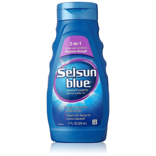 Pasteur Pharmacy Selsun Blue 2-in-1 shampoo and conditioner bottle, 11 fl oz, for scalp cleansing and hair care.