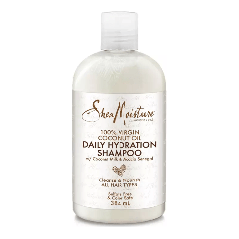 Shea Moisture 100% Virgin Coconut Oil Daily Hydration Shampoo in a 384ml bottle, featuring a clear label and white cap.