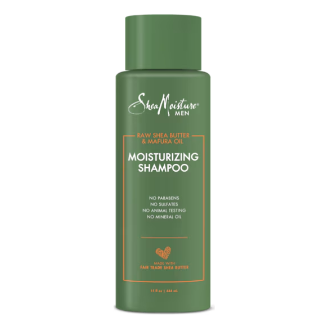 SheaMoisture Men moisturizing shampoo bottle, 15oz, with label visible, designed for men's hair care.