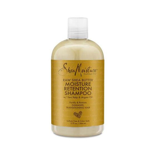 SheaMoisture Raw Shea Butter Moisture Retention Shampoo in a 384ml bottle, natural ingredients, creamy formula, and clean packaging.