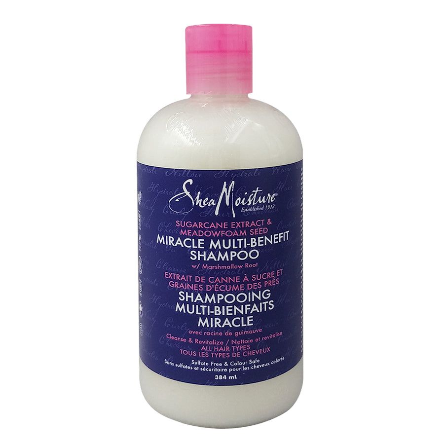 SheaMoisture Sugarcane Extract and Meadowfoam Silicone-Free Shampoo bottle with natural ingredients and clean packaging.